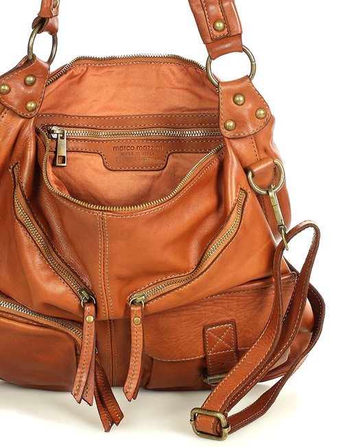 Torebka skórzana na ramię pockets old pelle lavata - MARCO MAZZINI brąz camel