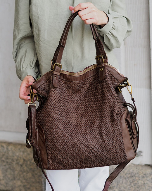 Miejska torebka z regulowanymi rączkami shopper pleciona skóra handmade - MARCO MAZZINI brąz