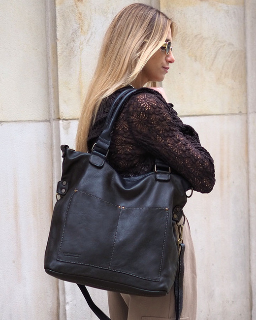 Torebka skórzana XL shopper vintage bag z kieszeniami vera pelle - MARCO MAZZINI czarny