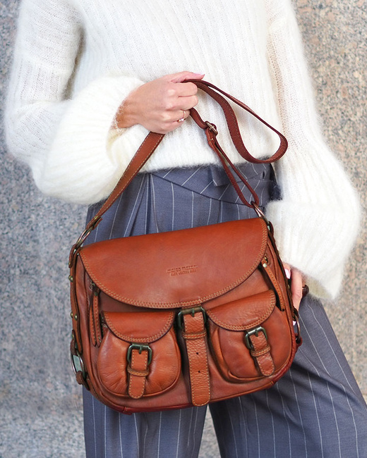 MARCO MAZZINI Skórzana torebka listonoszka z kieszeniami safari handmade bag camel