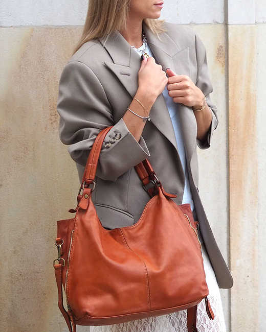 Torba skórzana wysokogatunkowa na ramię styl miejski shoulder leather bag - MARCO MAZZINI camel