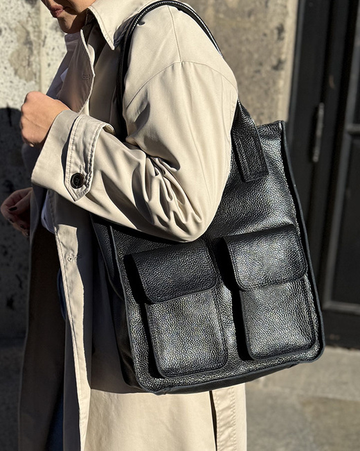 Torebka skórzany shopper bag z kieszeniami - MARCO MAZZINI Ravenna czarny