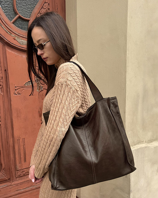 MARCO MAZZINI Torebka miejski shopper bag skóra naturalna handmade ciemny brąz caffe