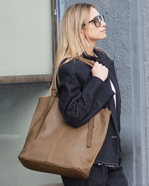 Torebka damska shopper z regulacją rączek skóra old pelle - MARCO MAZZINI beż taupe