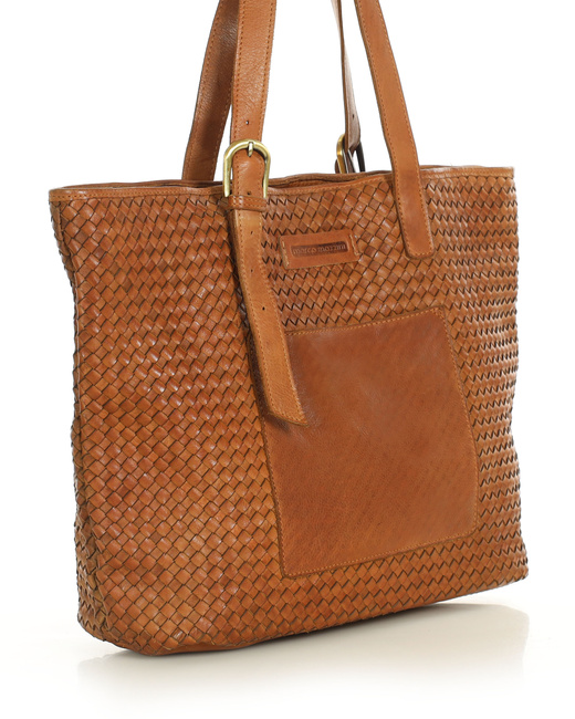 Torebka skórzana shopper pleciona A4 – brąz camel MARCO MAZZINI