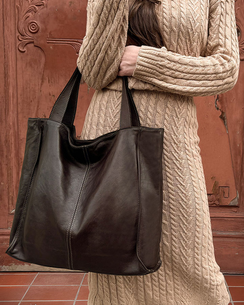 MARCO MAZZINI Torebka miejski shopper bag skóra naturalna handmade ciemny brąz caffe