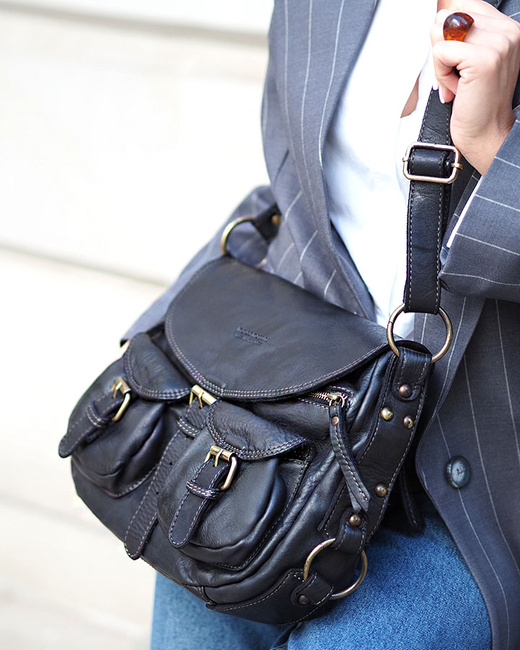 MARCO MAZZINI Skórzana torebka listonoszka z kieszeniami safari handmade bag czarna