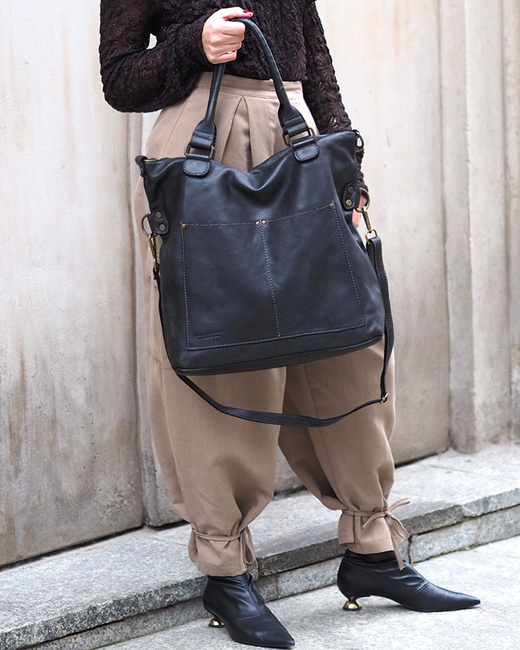 Torebka skórzana XL shopper vintage bag z kieszeniami vera pelle - MARCO MAZZINI czarny