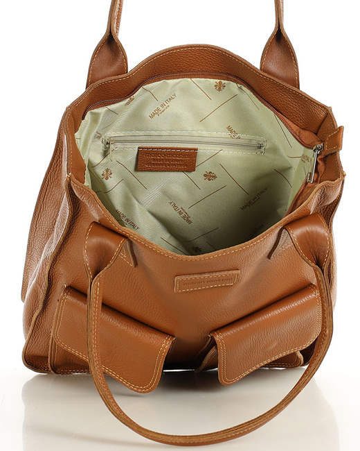 Torebka skórzany shopper bag z kieszeniami - MARCO MAZZINI brąz karmel