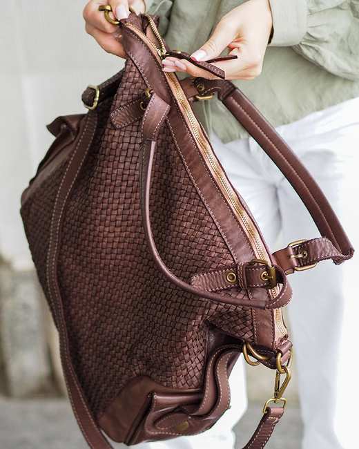Miejska torebka z regulowanymi rączkami shopper pleciona skóra handmade - MARCO MAZZINI brąz